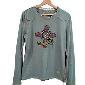 Double D Ranchwear Green Embroidered 'Play Nice, Be Free' Cross Western Top M